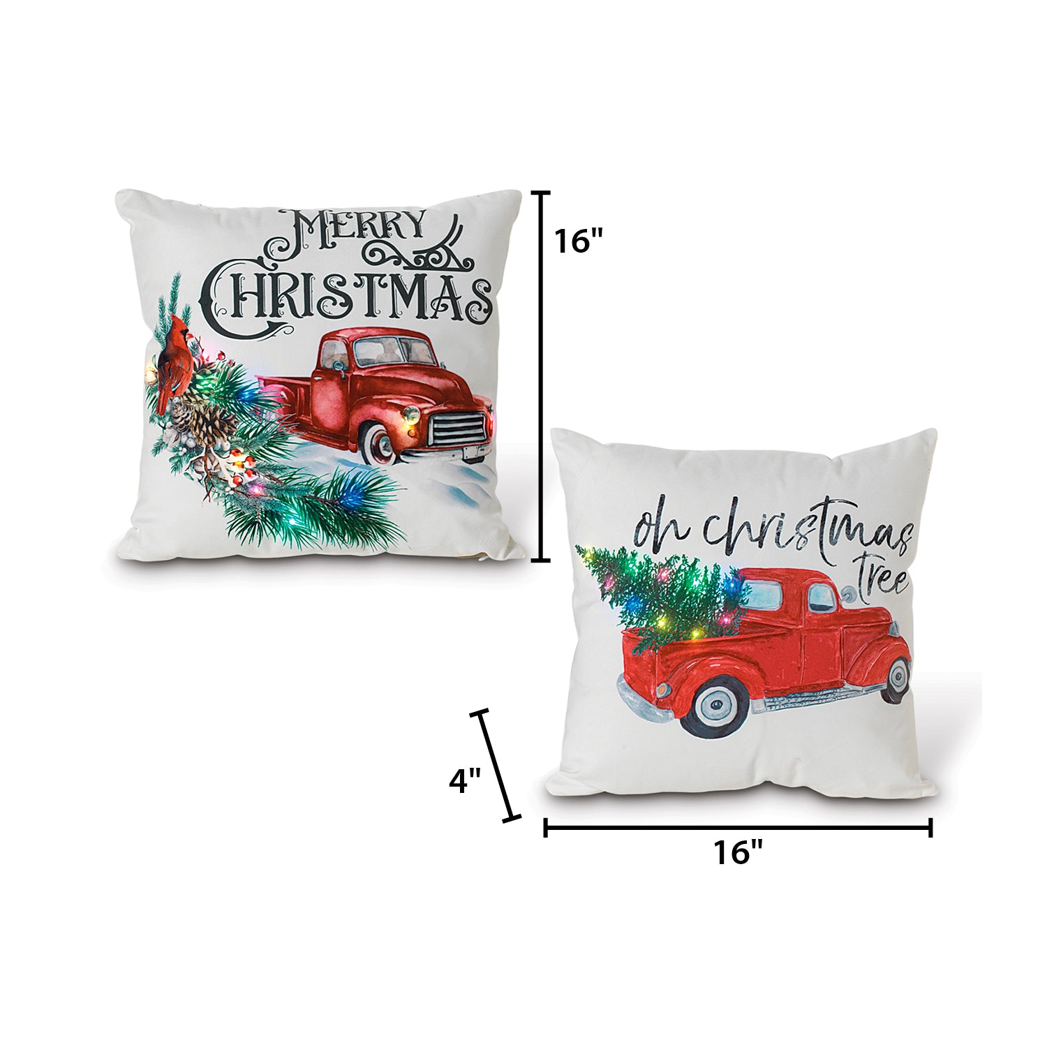 Set of 2 Lighted Christmas Holiday Throw Pillows with Timer
